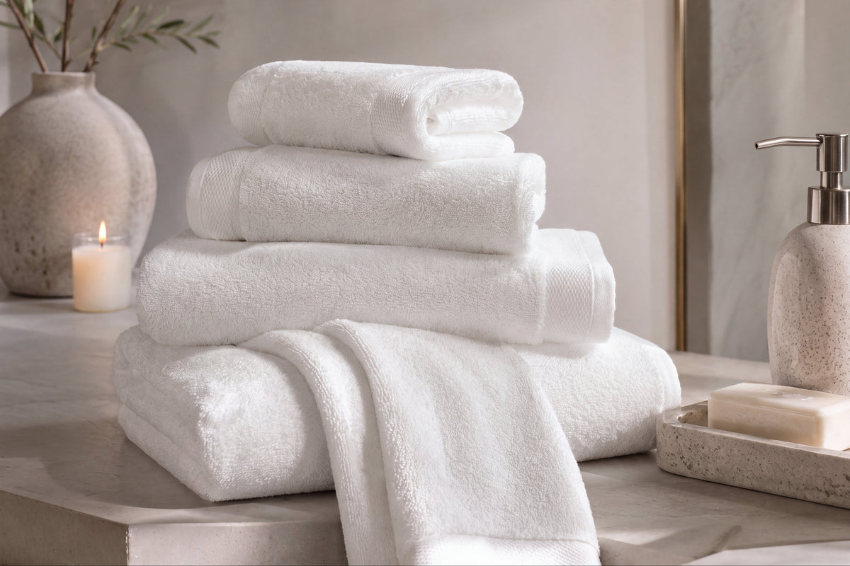 A stack of four folded white towels with one towel draped over the front, displayed on a light stone surface in a softly styled bathroom setting with a candle, vase, soap dispenser, and soap bar.