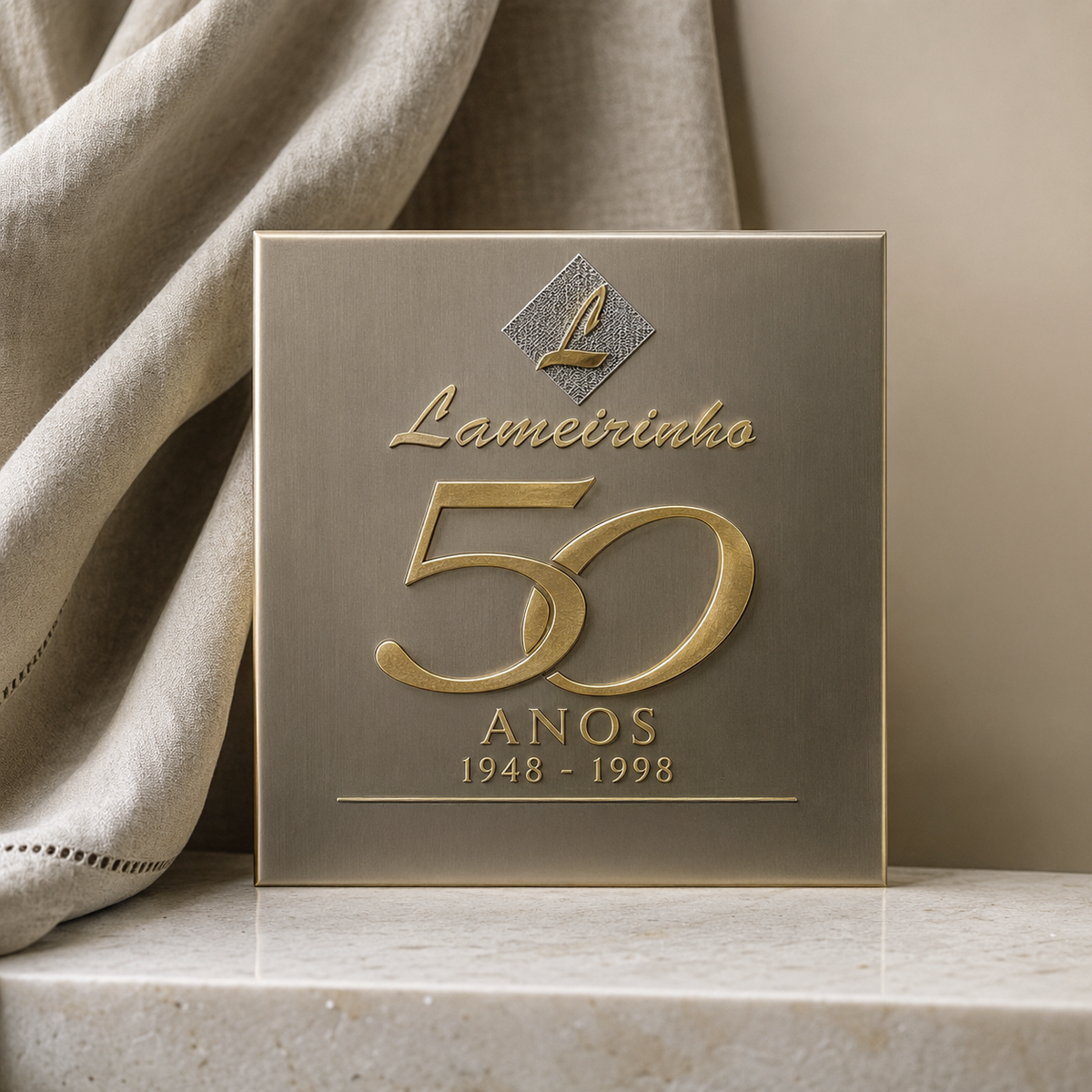 A square metallic plaque or keepsake box with embossed gold lettering reading 'Lameirinho 50 Anos 1948 - 1998,' photographed on a light stone surface with draped beige fabric beside it.